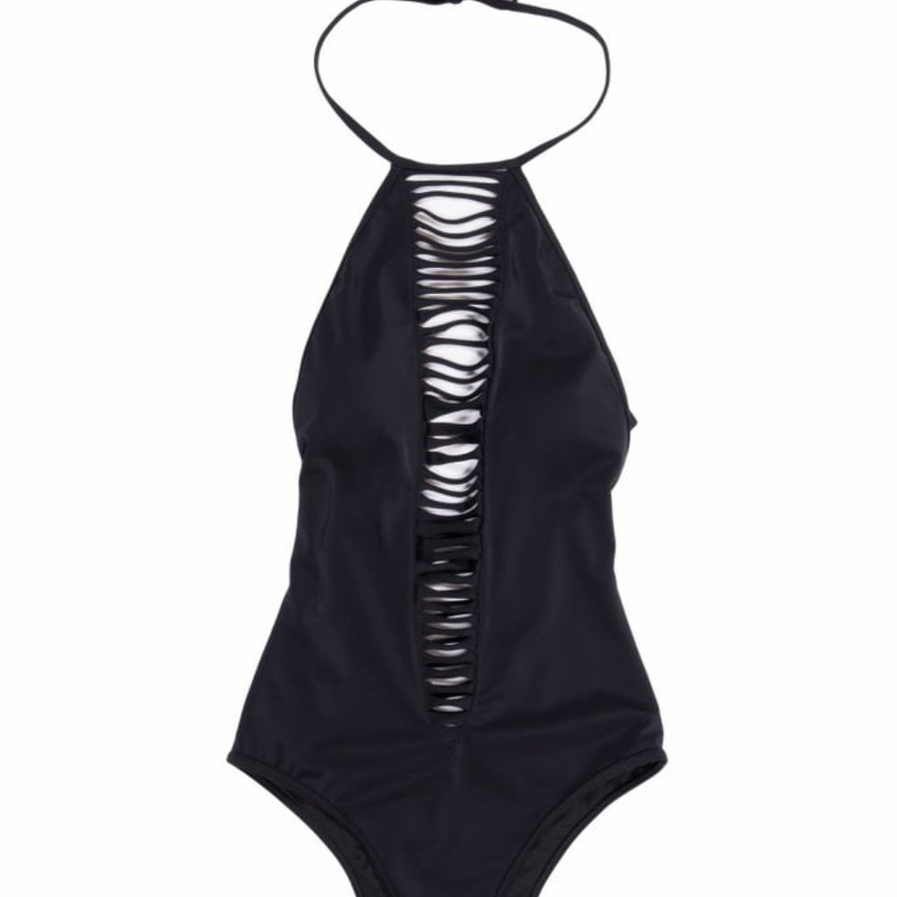 High-neck Strappy Black One Piece Swimsuit NWT